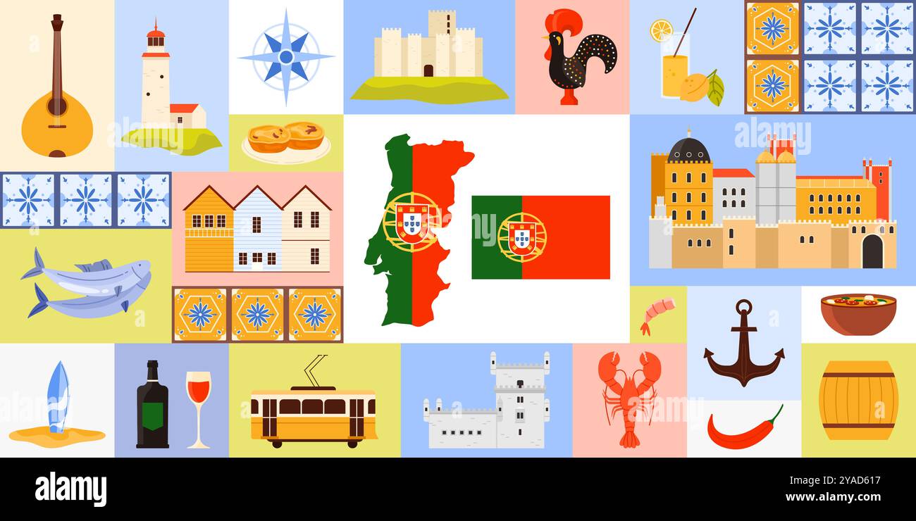 Viaggia verso il Portogallo, elementi di cultura e architettura in striscione con design geometrico a colori. Piastrelle di ceramica Azulejo con ornamento, bandiera e mappa, illustrazione vettoriale di cartoni animati di cibo e vino Illustrazione Vettoriale