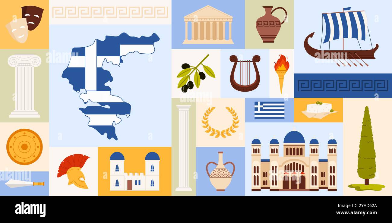 Viaggio in Grecia, design geometrico del collage di colori. Elementi della cultura greca antica e modello etnico, mappa e bandiera, edificio di Santorini e tempio del Pantheon, cibo in illustrazione vettoriale a cartoni animati quadrati Illustrazione Vettoriale