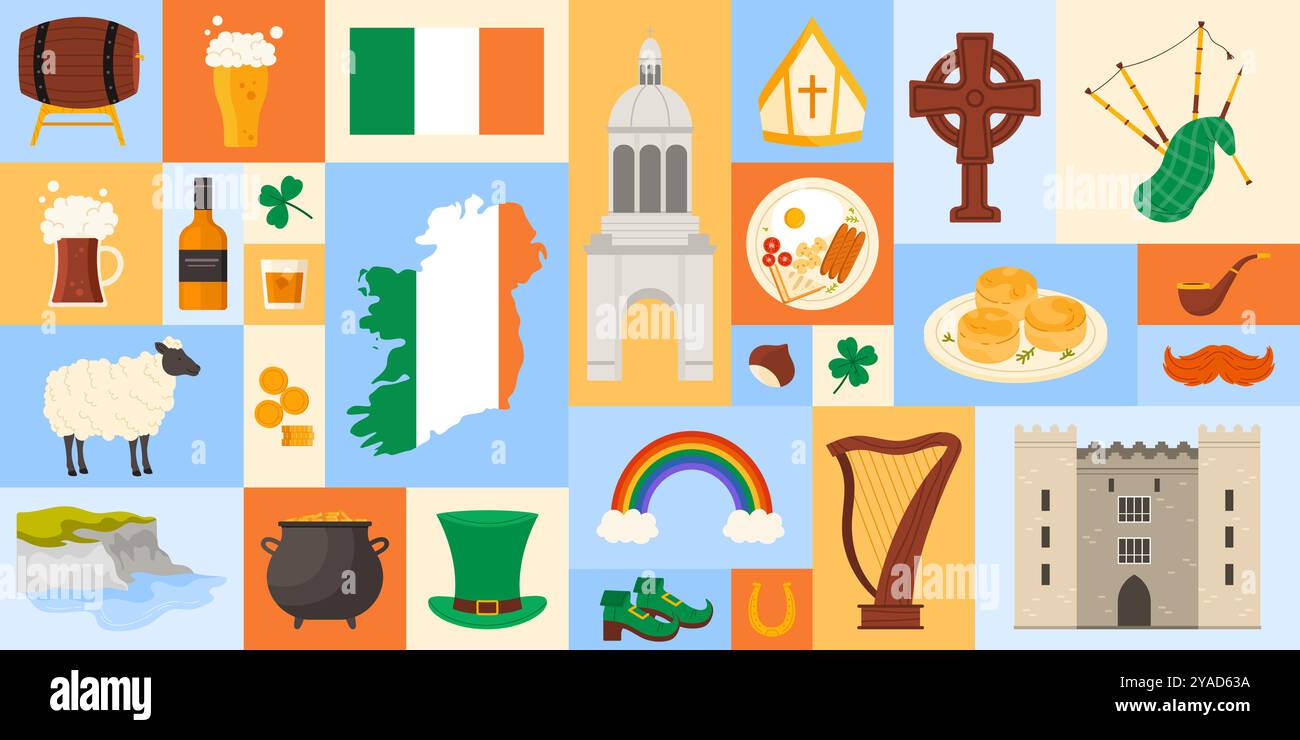 Viaggia in Irlanda, con un design geometrico di striscioni con la cultura, i monumenti e il cibo irlandesi. Mappa con bandiera nazionale, birra e whisky, tradizionali elementi di buona fortuna, illustrazione vettoriale dei cartoni animati di Cliffs of Moher Illustrazione Vettoriale