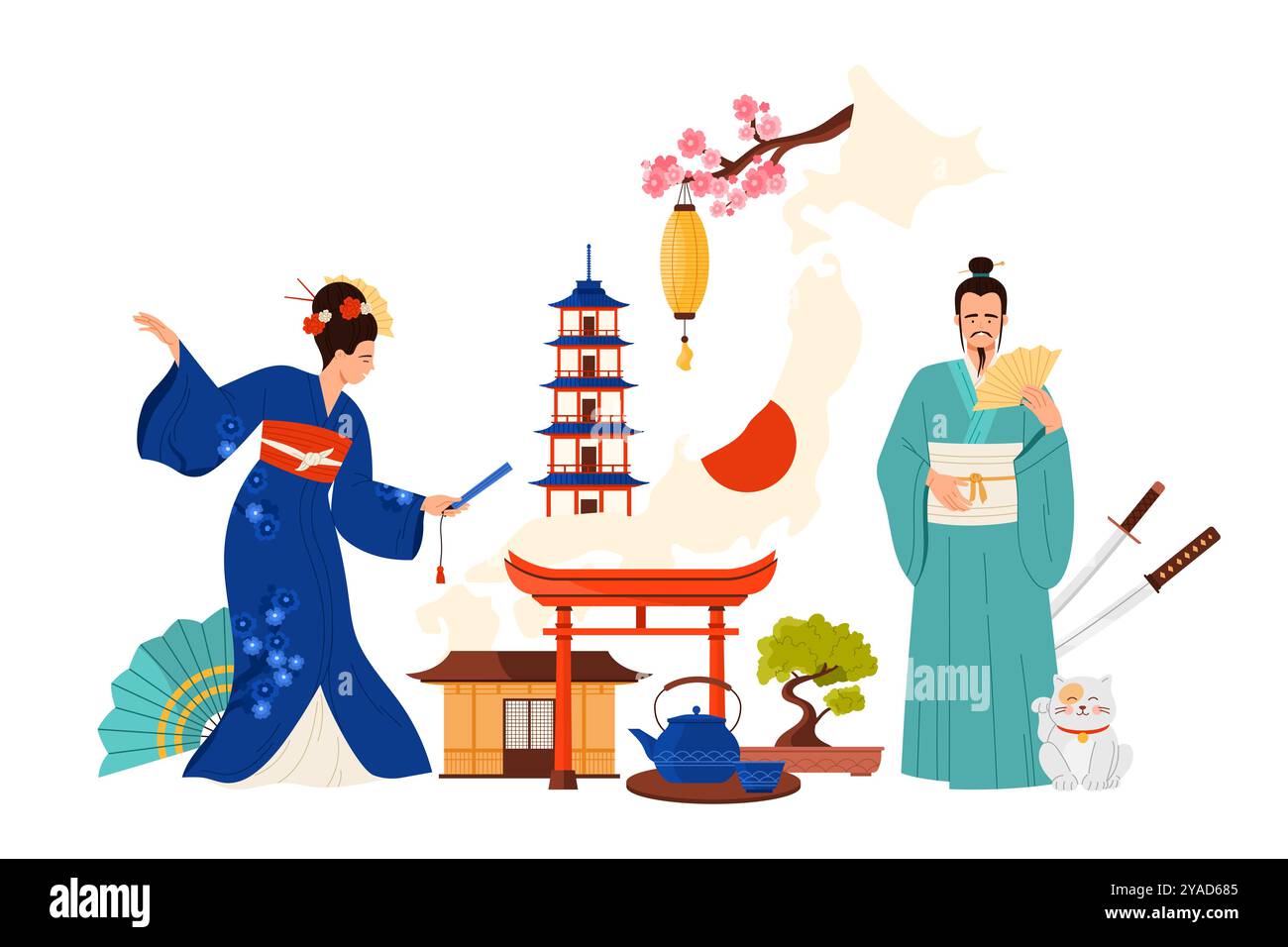 Un'illustrazione vivace che mostra elementi della cultura e dell'arte tradizionale giapponese forma una splendida illustrazione vettoriale Illustrazione Vettoriale