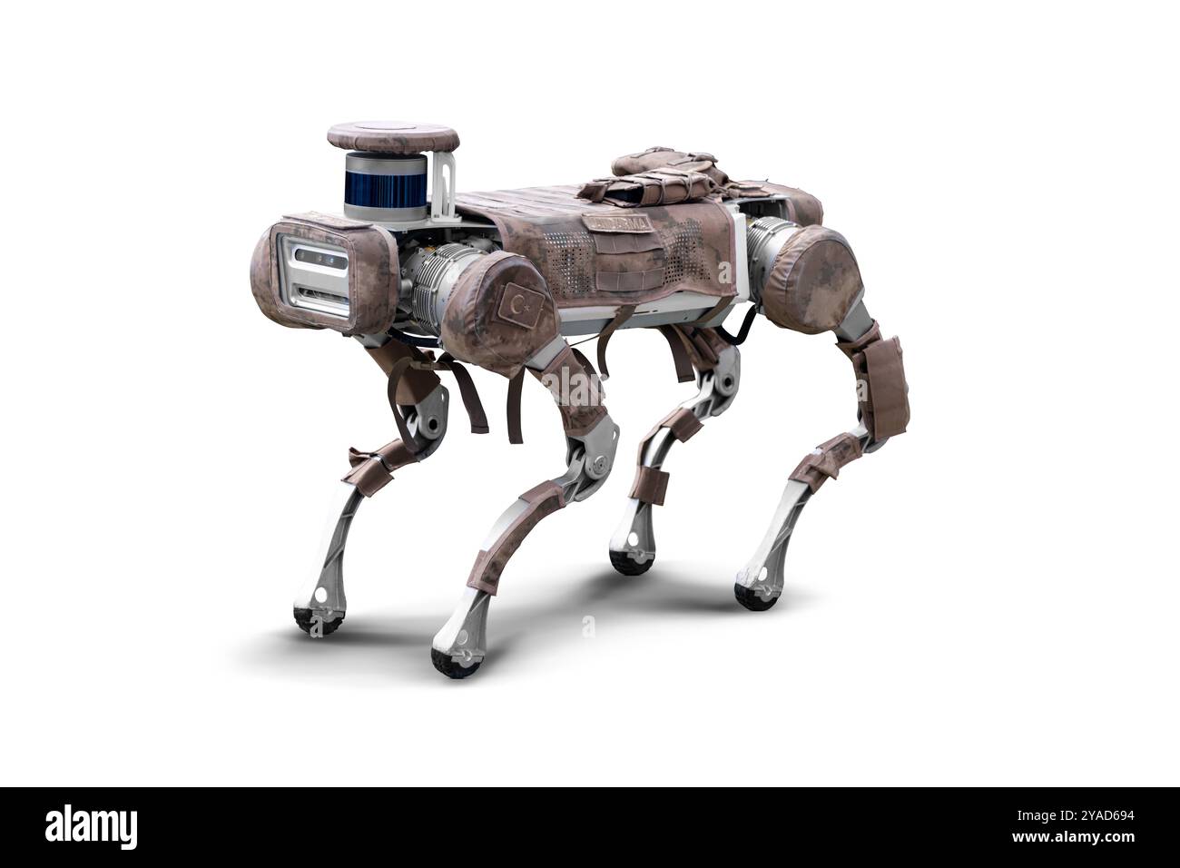 Izmir, Turchia - settembre 28 2024: Un cane robot militare in equipaggiamento tattico fotografato su sfondo bianco, che mostra la tecnologia robotica avanzata utilizzata da Foto Stock