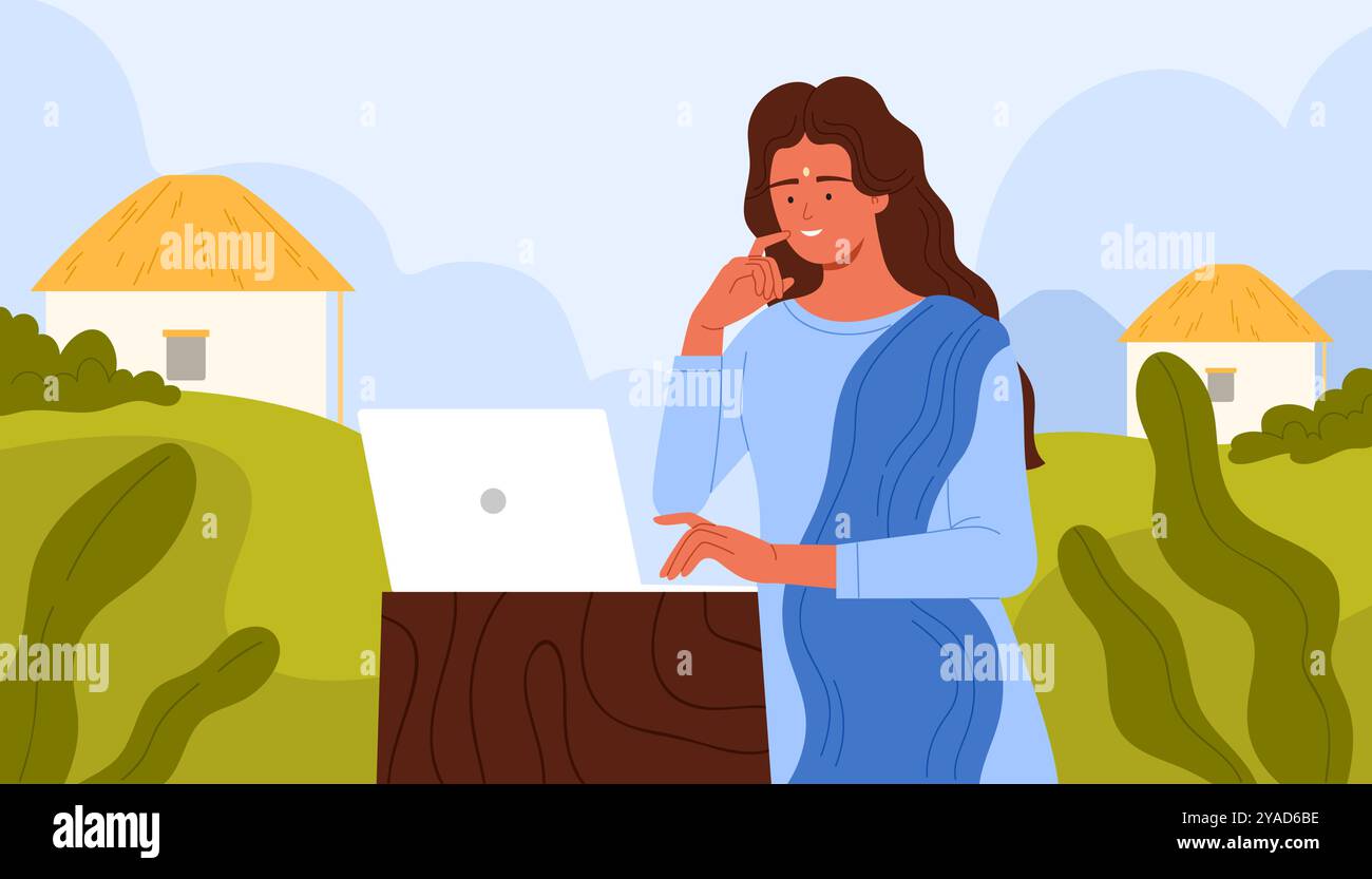 Donna indiana che lavora con un laptop in un paesaggio paesaggistico. Giovane donna in abito blu tradizionale seduta a tavola per lavorare o studiare online, lavoratrice libera sul posto di lavoro illustrazione vettoriale dei cartoni animati Illustrazione Vettoriale