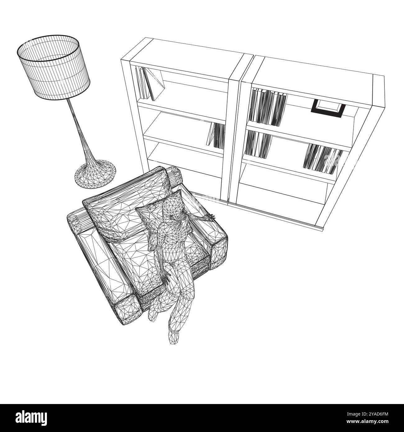 Reticolo di donna seduta in poltrona in camera con lampada e libreria con libri fatti di linee nere isolate su sfondo bianco. Illustrazione vettoriale Illustrazione Vettoriale