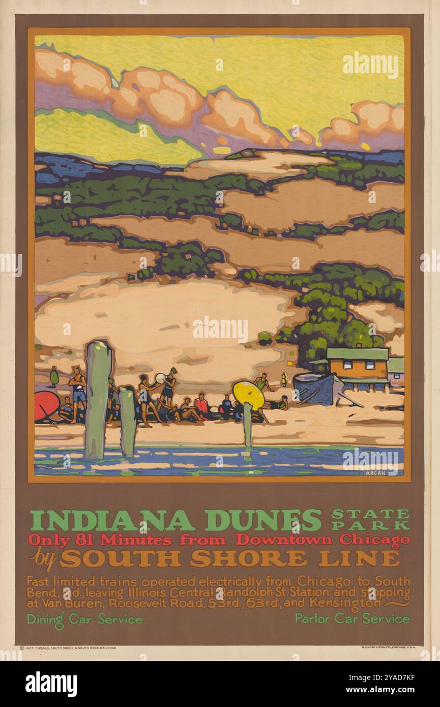Indiana Dunes State Park, poster dalla ferrovia South Shore Line tra South Bend, Indiana e Chicago, Illinois, evidenziando i punti lungo la ferrovia. anni '1920 Foto Stock