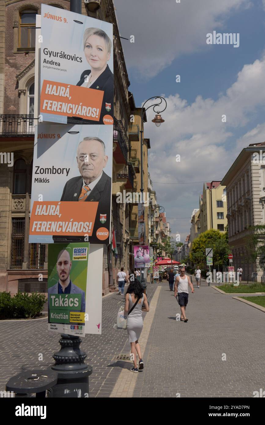 Manifesti elettorali a Budapest, Ungheria, per le elezioni locali, nazionali ed europee di domenica 9 giugno 2024 Foto Stock