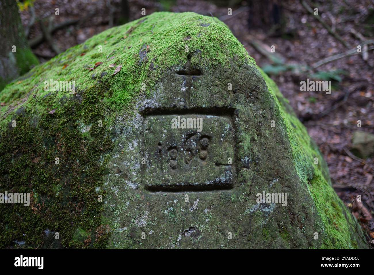 Un'antica incisione in arenaria del XIX secolo che segna l'antico confine catastale nella regione di Kokořínsko, in Cechia. Scatola semplice con una croce e una data. Foto Stock
