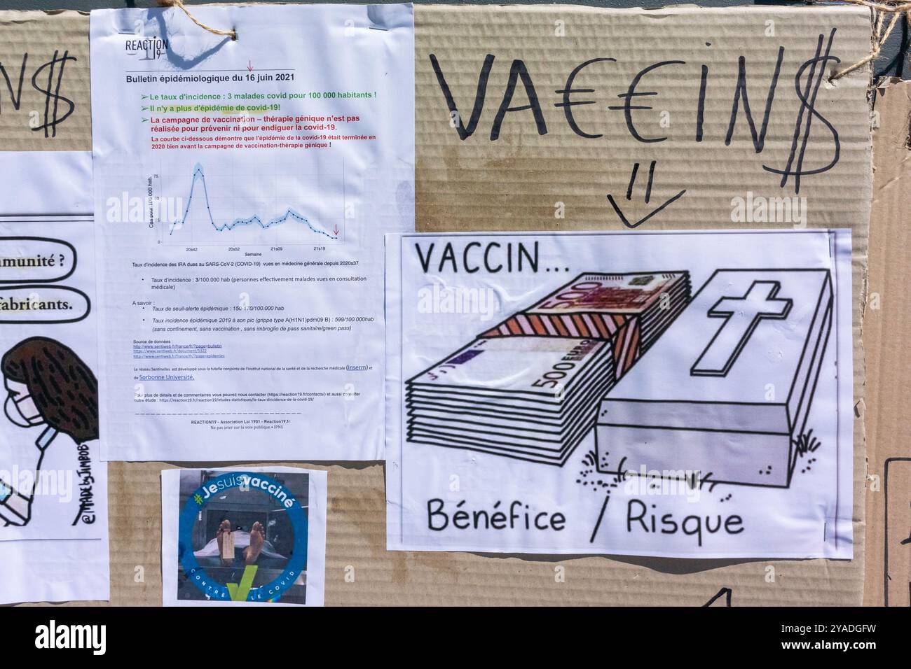 Nizza, Francia, primo piano, poster scritti a mano, Anti-Vax, anti Covid-19 vaccinazione francese segni di protesta dimostrativa Foto Stock