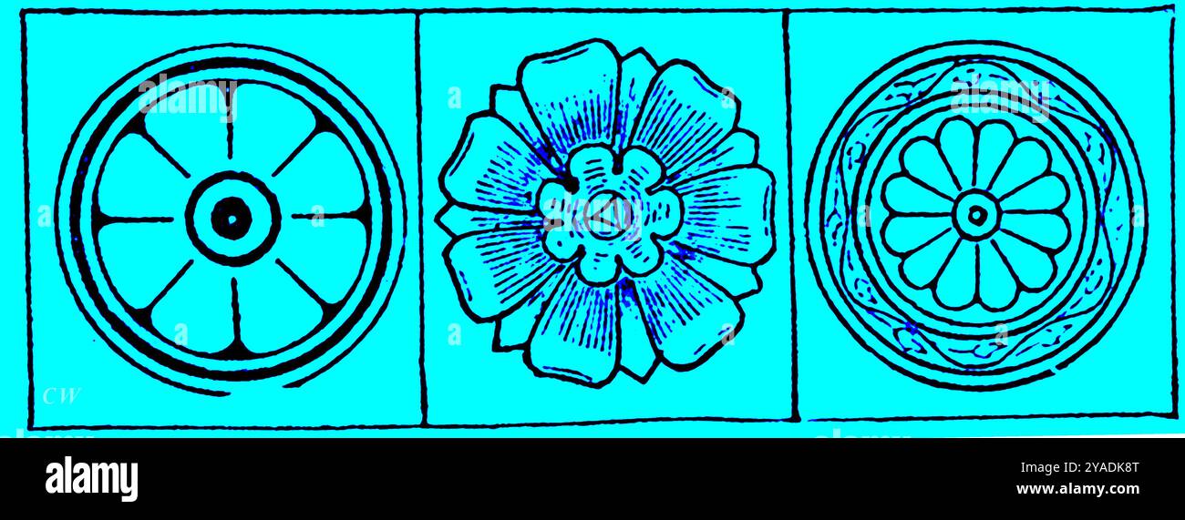 Un'illustrazione del XIX secolo che mostra disegni architettonici stampati noti come Paterae (da piattini greci e romani utilizzati nelle cerimonie religiose). Si trovano anche intagliate in legno. - Μια εικονογράφηση του 19ου αιώνα που δείχνει Αρχιτεκτονικά χυτευμένα σχέδια γνωστά ως Paterae (από Ελληνικά και ρωμαϊκά πιατάκια που χρησιμοποιούνται σε θρησκευτικές τελετές). Βρίσκονται επίσης σκαλισμένα σε ξύλο. - Illustrazione del XIX secolo che mostra modelli architettonici noti come Paterae (dai piattini greci e romani usati nelle cerimonie religiose). Foto Stock