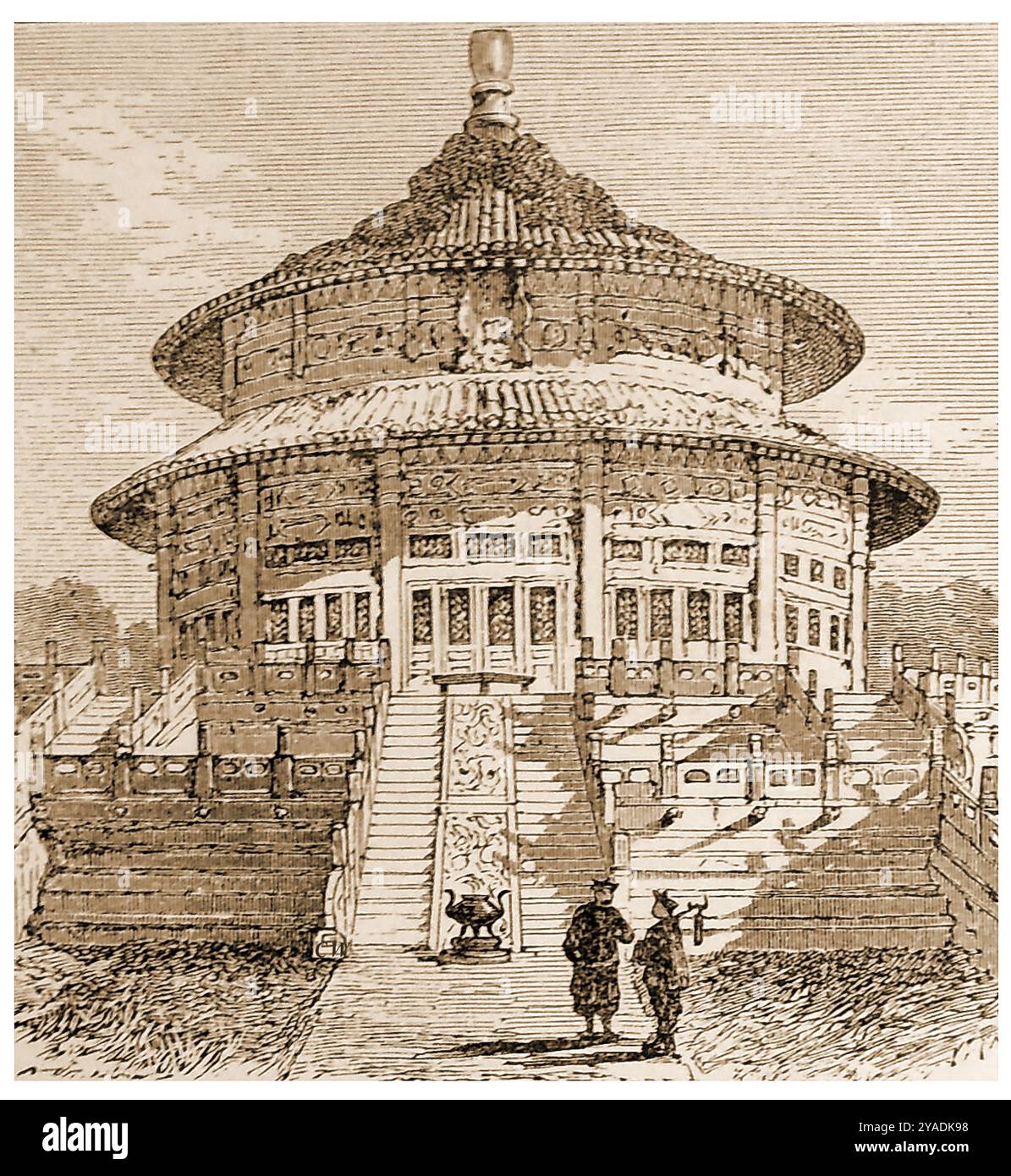 Un'illustrazione del XIX secolo che mostra il Tempio del Paradiso a Pechino (Pechino), in Cina.- costruito tra il 1406 e il 1420. Nella foto è solo a doppio TIMPANO, NON a triplo timpano come al momento. La struttura in legno è stata costruita senza chiodi - 19世紀的插圖顯示了中國北京的天壇（北京）-建於1406-1420年之間。在圖片中,目前只有雙山牆NOT三山牆。木結構是未經釘子建造的- Foto Stock