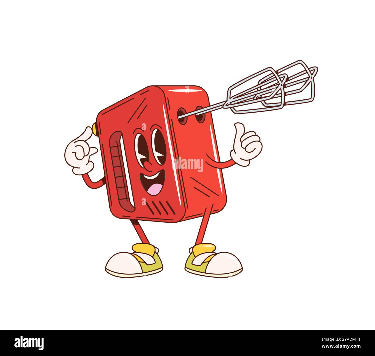 Miscelate gli utensili da cucina retrò e il carattere degli utensili. L'apparecchio mixer portatile rosso vettoriale isolato è dotato di un grande sorriso, pronto per cucinare e mescolare in cucina Illustrazione Vettoriale