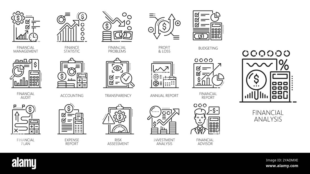 Icone di analisi finanziaria, contabilità, entrate fiscali e righe di bilancio. Simboli dei vettori aziendali, finanziari e di revisione, conto economico, fattura del conto bancario e report finanziario, calcolatrice, calendario, denaro Illustrazione Vettoriale
