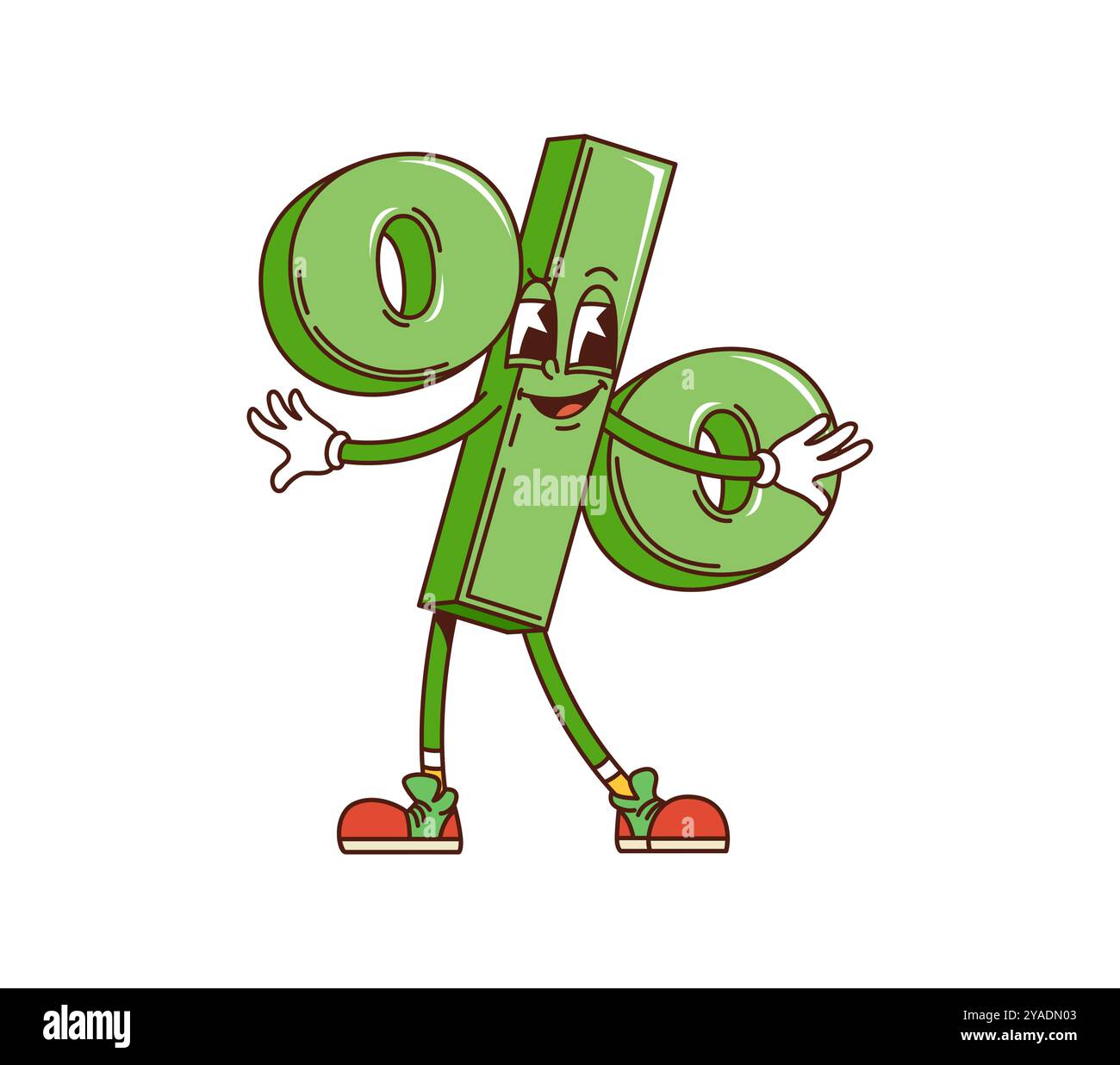 La percentuale dei cartoni animati indica il carattere finanziario retro-groove. Simbolo di percentuale verde vettoriale isolato con occhi espressivi e braccia allungate, indossa scarpe con guanti bianchi, personalità amichevole e accogliente Illustrazione Vettoriale