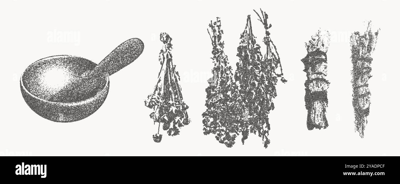 Illustrazione con erbe essiccate, ciotola tibetana, bastoncini sbavati. Fotocopia Stippling Illustrazione Vettoriale