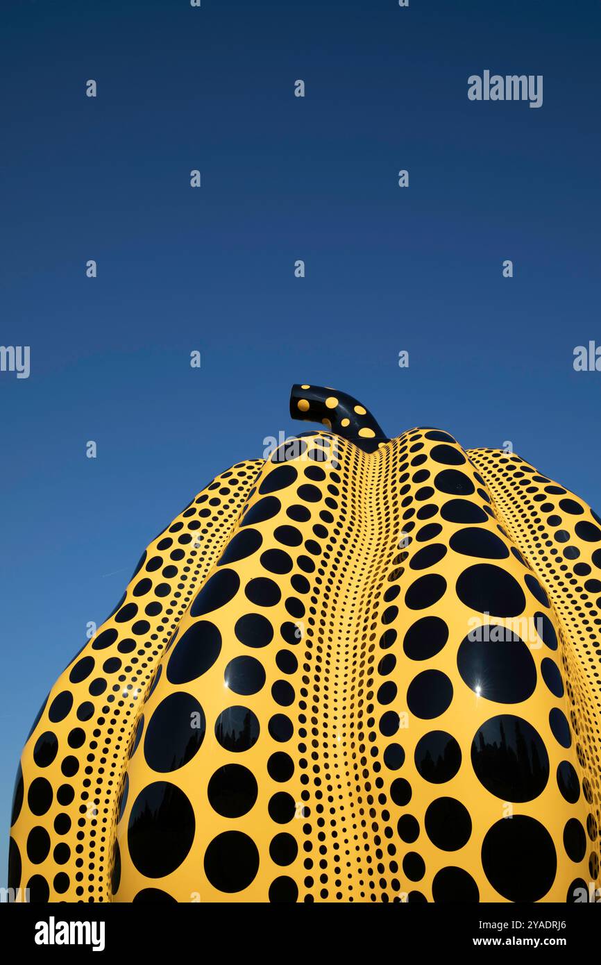 Vista della cima dell'installazione artistica Pumpkin di Yayoi Kusama presso il Round Pond di Kensington Gardens, Londra, adagiato su un cielo blu. In giallo e nero Foto Stock