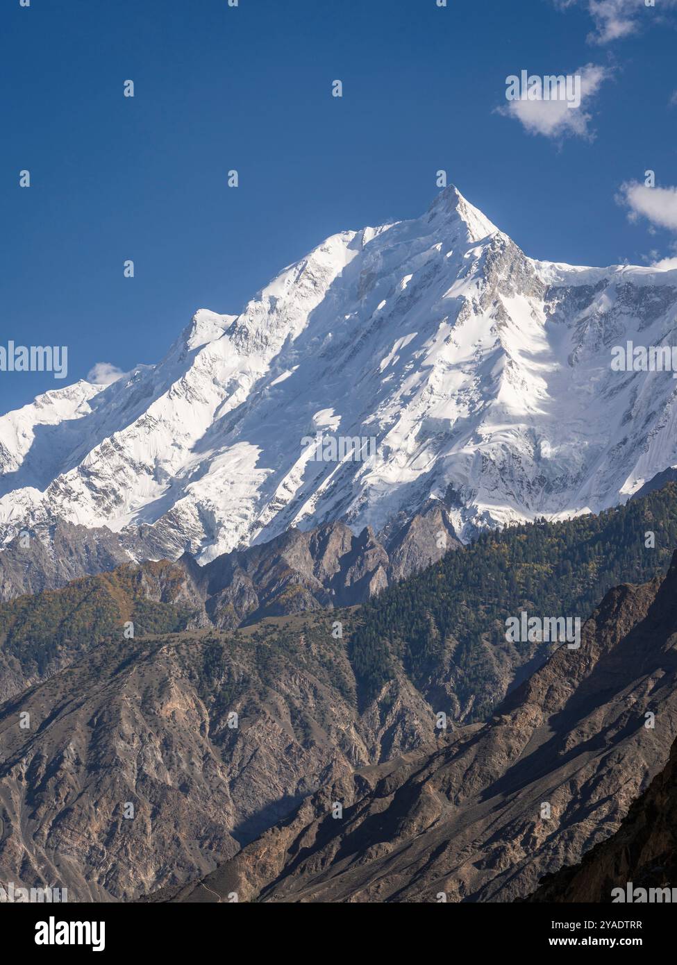 Vista verticale del monte Rakaposhi e della vetta dalla Karakoram Highway, Ghulmet, Nagar, Gilgit-Baltistan, Pakistan Foto Stock