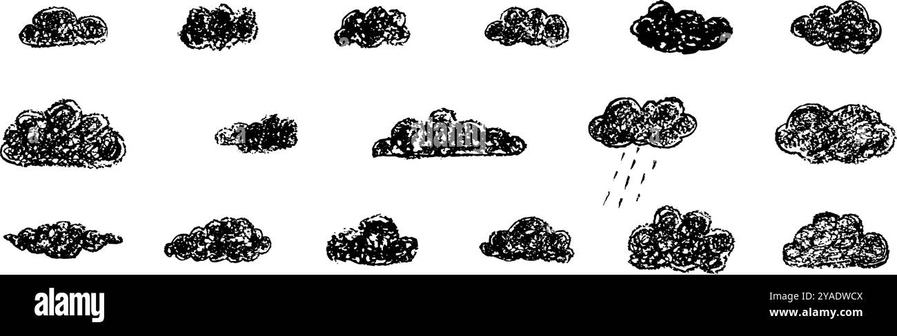 Set di nuvole a matita astratte. Cartoon disegnato a mano cielo nuvoloso e sole. Illustrazione vettoriale della raccolta di bordi neri su sfondo bianco. Imitazione Illustrazione Vettoriale