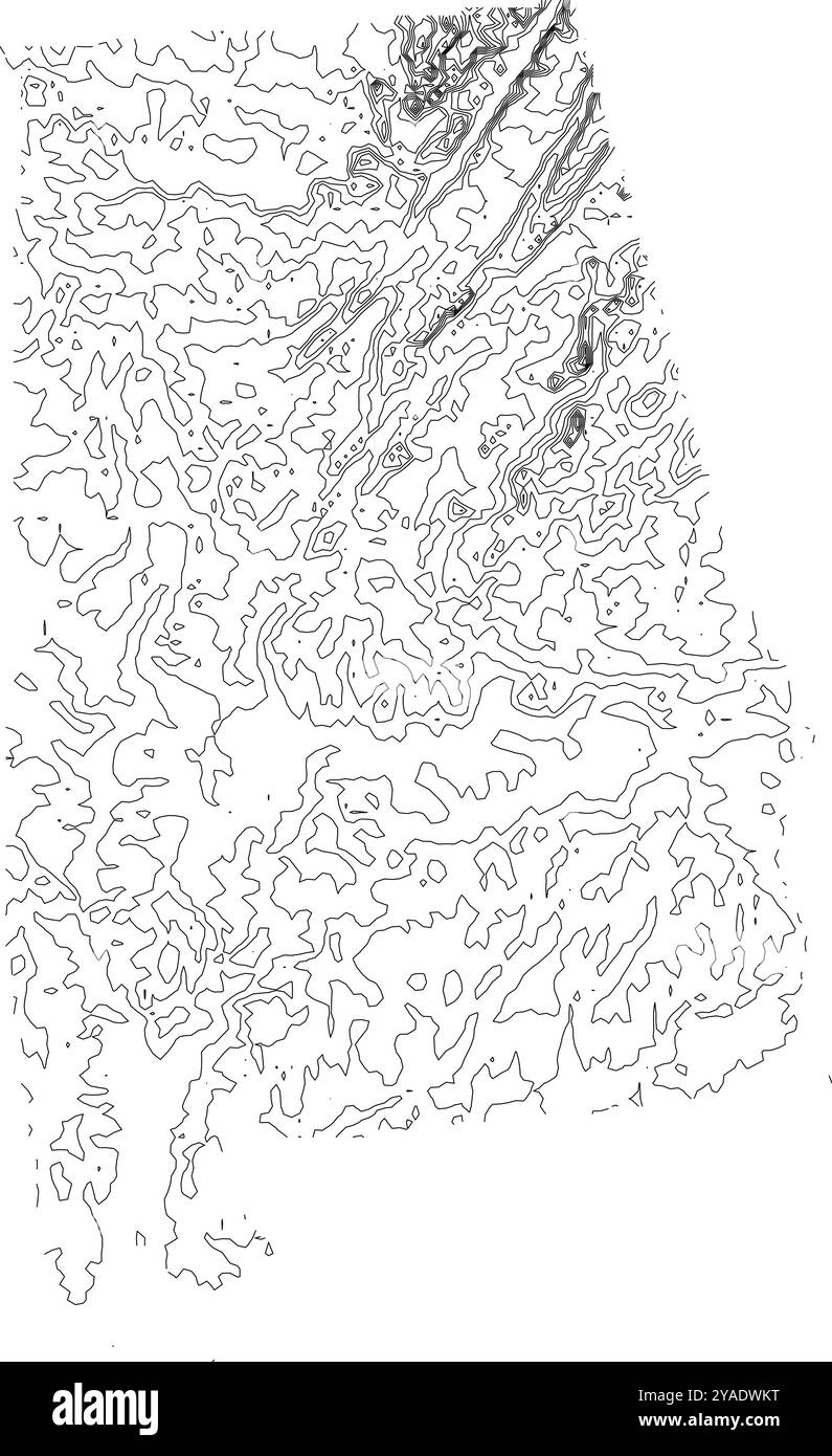 Mappa dettagliata dei contorni dello stato dell'Alabama, che mostra le caratteristiche topografiche e i cambiamenti di altitudine Illustrazione Vettoriale