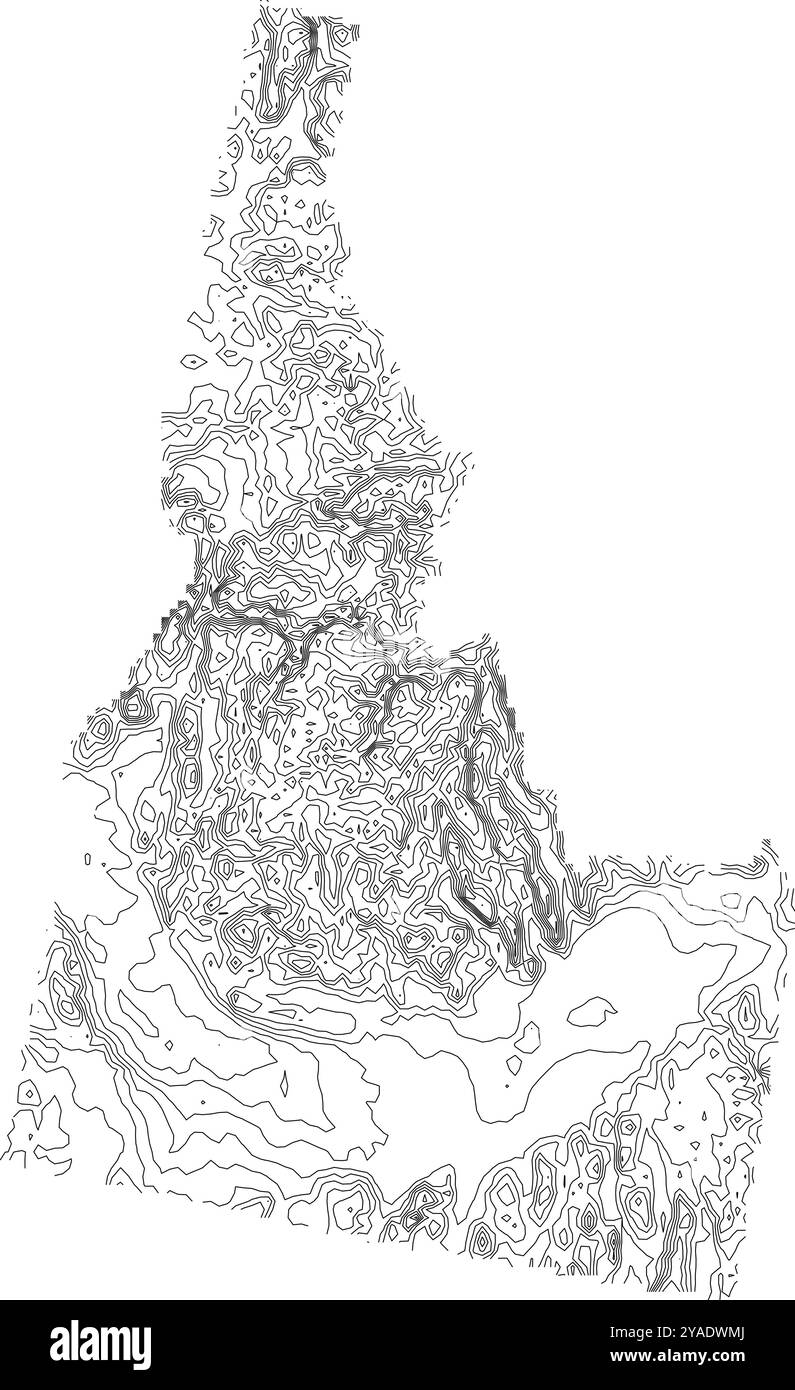 Intricata mappa di contorno dello stato dell'Idaho, raffigurante la sua topografia varia dalle pianure alle aspre montagne Illustrazione Vettoriale