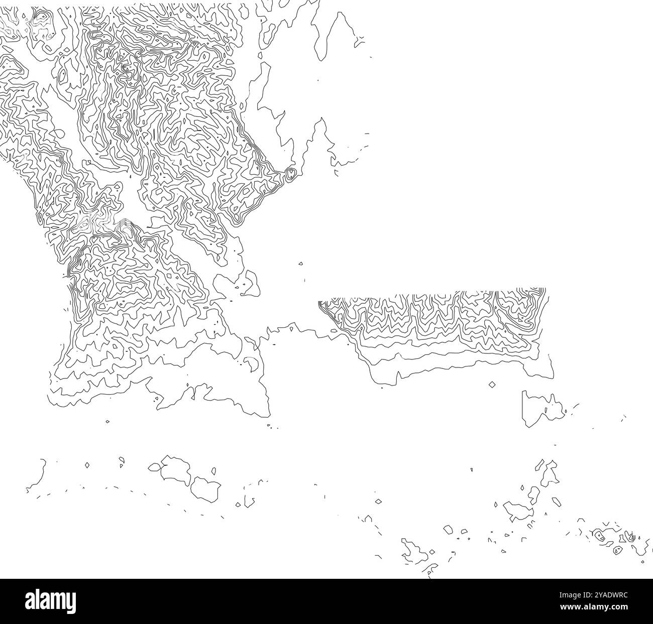 Intricata mappa di contorno dello stato della Louisiana, raffigurante la sua topografia bassa e le caratteristiche costiere Illustrazione Vettoriale