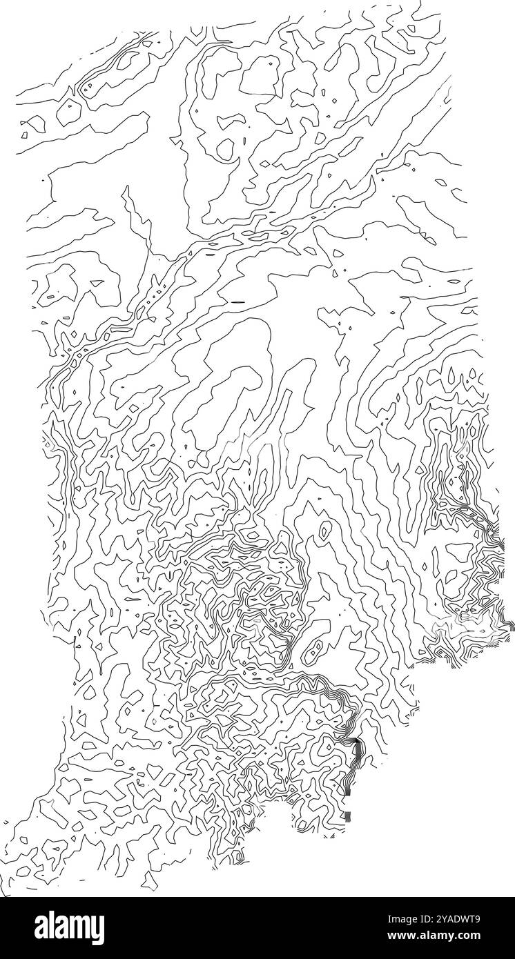 Mappa completa dei contorni dello stato dell'Indiana, che illustra la sua topografia diversificata, dalle pianure agli altopiani Illustrazione Vettoriale