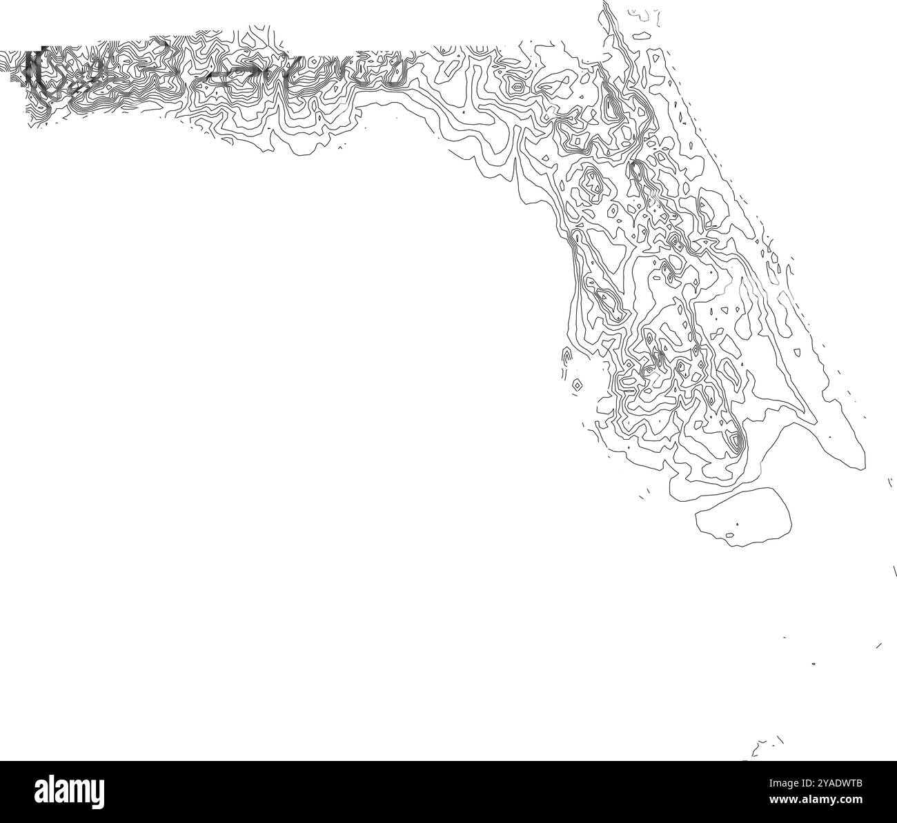 Intricata mappa di contorno dello stato della Florida, raffigurante la sua topografia unica, dalle pianure costiere alle creste centrali Illustrazione Vettoriale