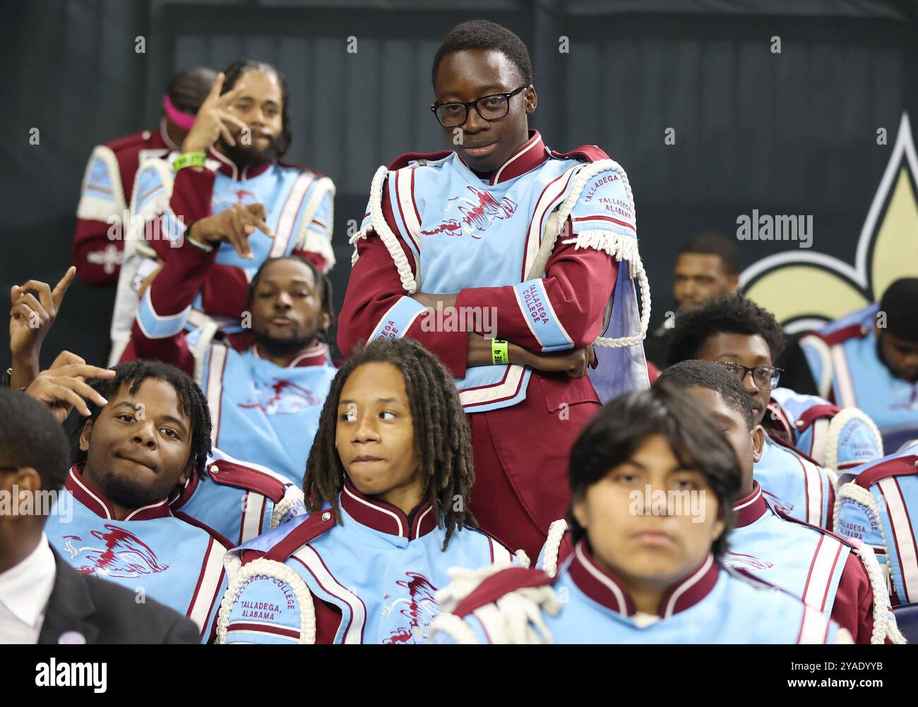 New Orleans, Stati Uniti. 13 ottobre 2024. Un membro della banda di marcia del Talladega College pose durante una gara della National Football League al Caesars Superdome domenica 13 ottobre 2024 a New Orleans, Louisiana. (Foto di Peter G. Forest/Sipa USA) credito: SIPA USA/Alamy Live News Foto Stock