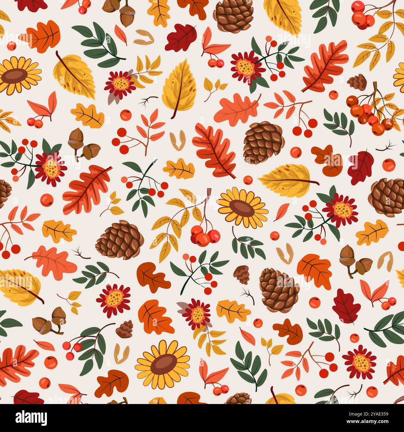 Grazioso motivo autunnale senza cuciture. Foglie d'arancia. Caduta del fogliame degli alberi. Cono di pino. Ghianda di quercia. Chestnut e rowan. Stampa stagionale ripetuta. Elementi botanici autunnali. Filiali di piante. Sfondo vettoriale Illustrazione Vettoriale