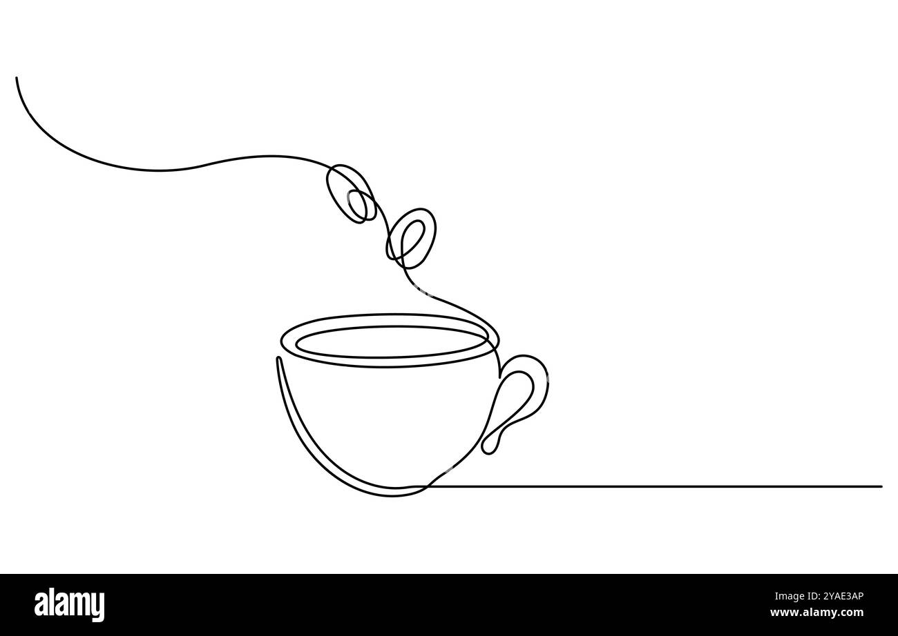 Design grafico continuo con una sola linea di caffè caldo. Illustrazione grafica a linea singola bevanda calda su sfondo trasparente, tazza di tè continua Illustrazione Vettoriale