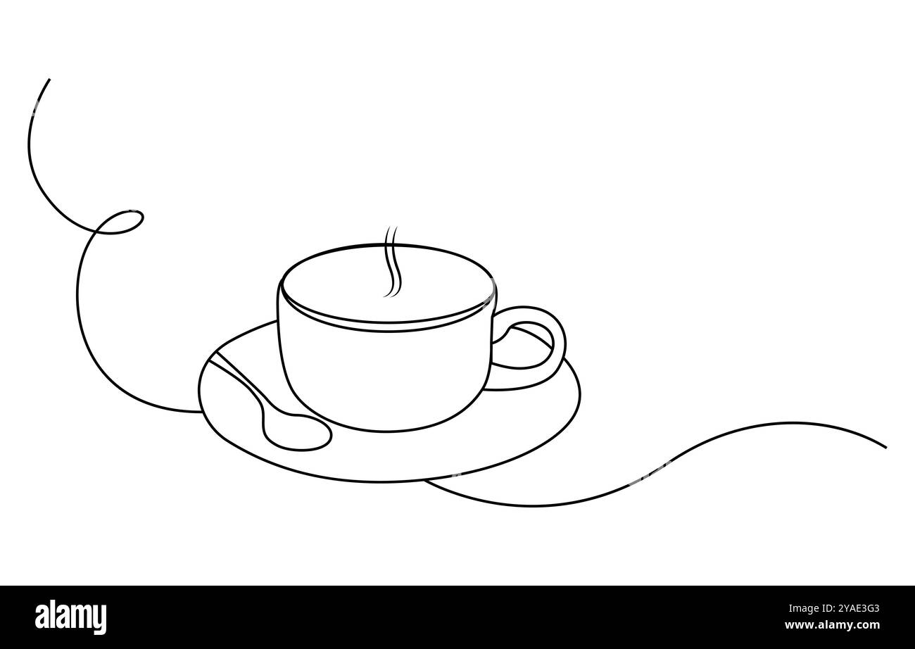 Design grafico continuo con una sola linea di caffè caldo. Illustrazione grafica a linea singola bevanda calda su sfondo trasparente, tazza di tè continua Illustrazione Vettoriale