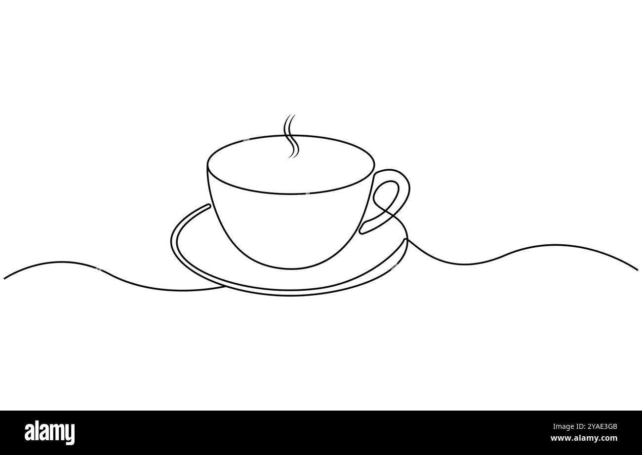 Design grafico continuo con una sola linea di caffè caldo. Illustrazione grafica a linea singola bevanda calda su sfondo trasparente, tazza di tè continua Illustrazione Vettoriale