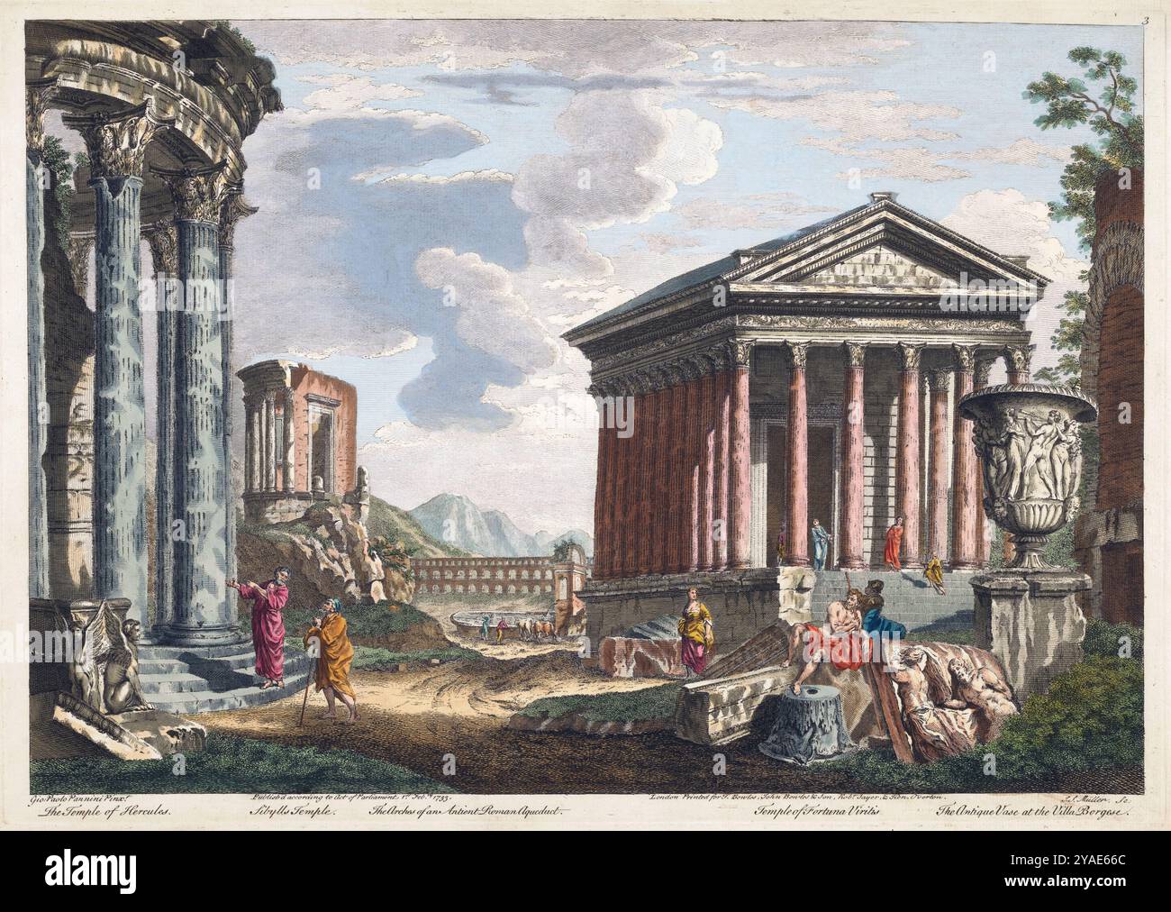 Un'incisione colorata del tempio di Ercole, il Tempio di Sybylls, gli archi di un antico acquedotto romano, il Tempio di fortuna Viritis, vaso antico presso l'editore Villa Borgese Robert Sayer stampato da Henry Overton skyline del XVIII secolo e paesaggio urbano prospettiva storica che incide acquerello vecchia stampa antica Foto Stock