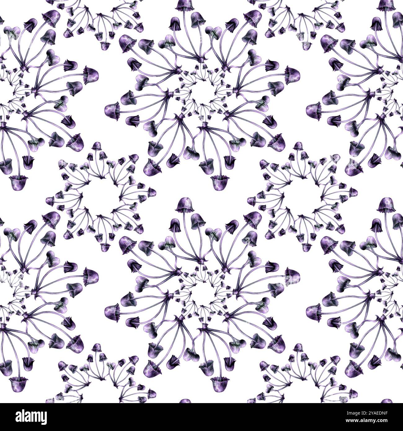 Motivo senza cuciture con sgabelli viola. Illustrazione ad acquerello di funghi magici in uno stile realistico su sfondo bianco. Elementi di progettazione del modello Foto Stock