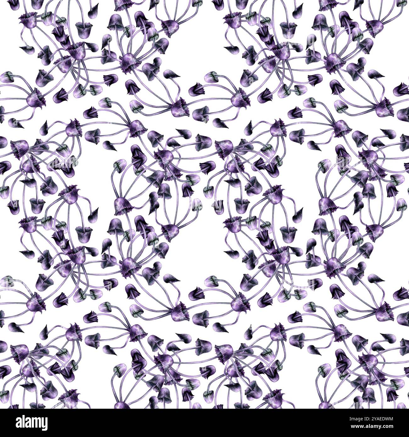 Motivo senza cuciture con sgabelli viola. Illustrazione ad acquerello di funghi magici in uno stile realistico su sfondo bianco. Elementi di progettazione del modello Foto Stock