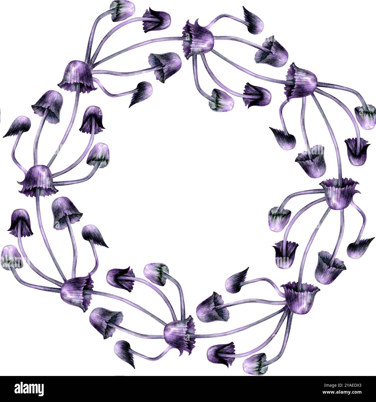 Motivo senza cuciture con sgabelli viola. Illustrazione ad acquerello di funghi magici in uno stile realistico su sfondo bianco. Elementi di progettazione del modello Foto Stock