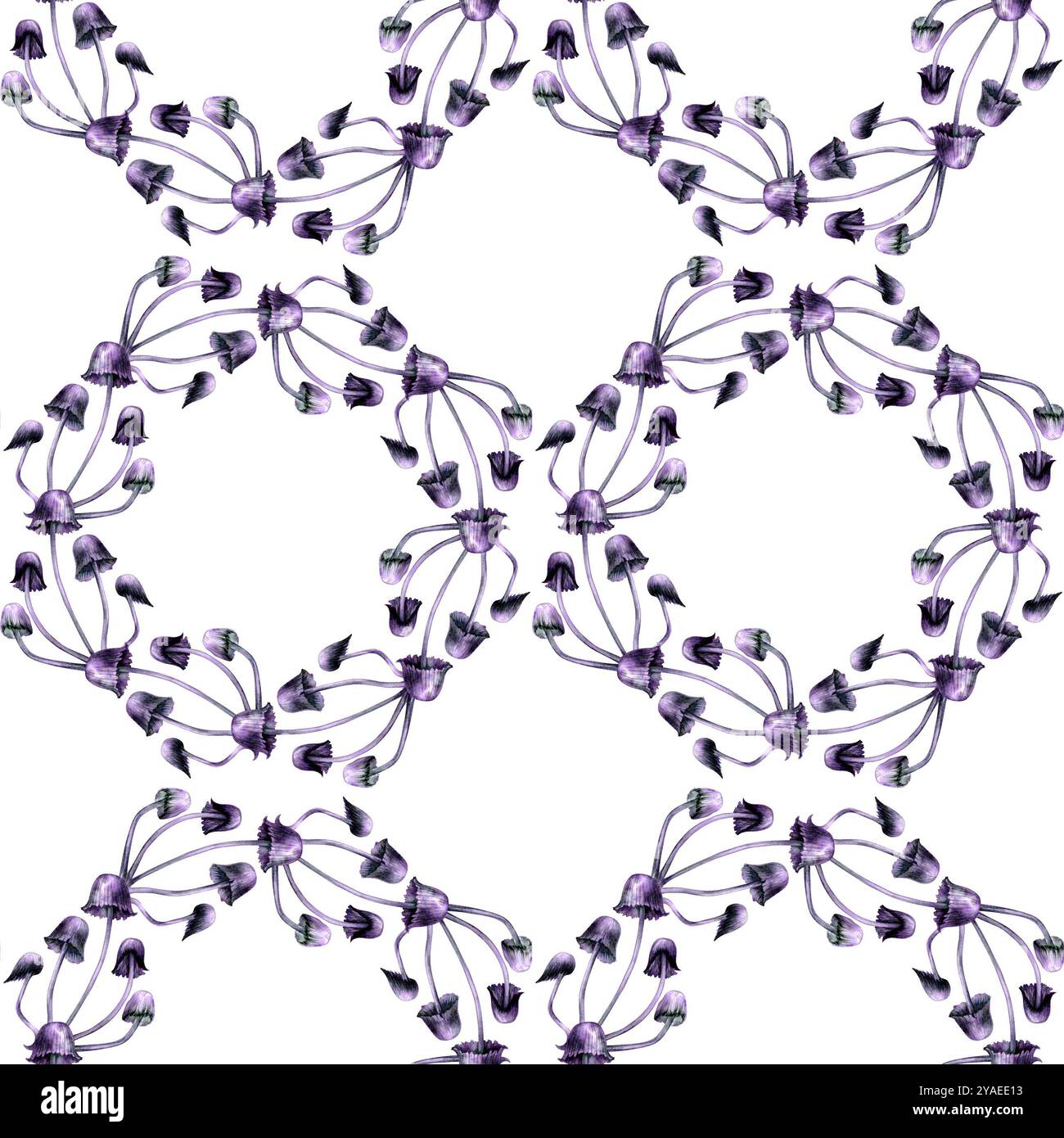 Motivo senza cuciture con sgabelli viola. Illustrazione ad acquerello di funghi magici in uno stile realistico su sfondo bianco. Elementi di progettazione del modello Foto Stock