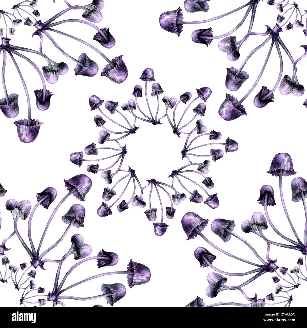 Motivo senza cuciture con sgabelli viola. Illustrazione ad acquerello di funghi magici in uno stile realistico su sfondo bianco. Elementi di progettazione del modello Foto Stock
