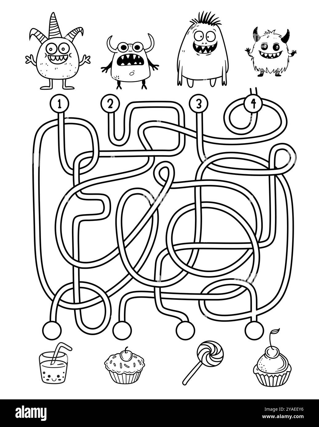 Aiuta i simpatici mostri a trovare un percorso per i suoi dolci. Labirinto. Gioco labirinto per bambini. Illustrazione in bianco e nero, pagina da colorare per la festa di Halloween. Illustrazione Vettoriale