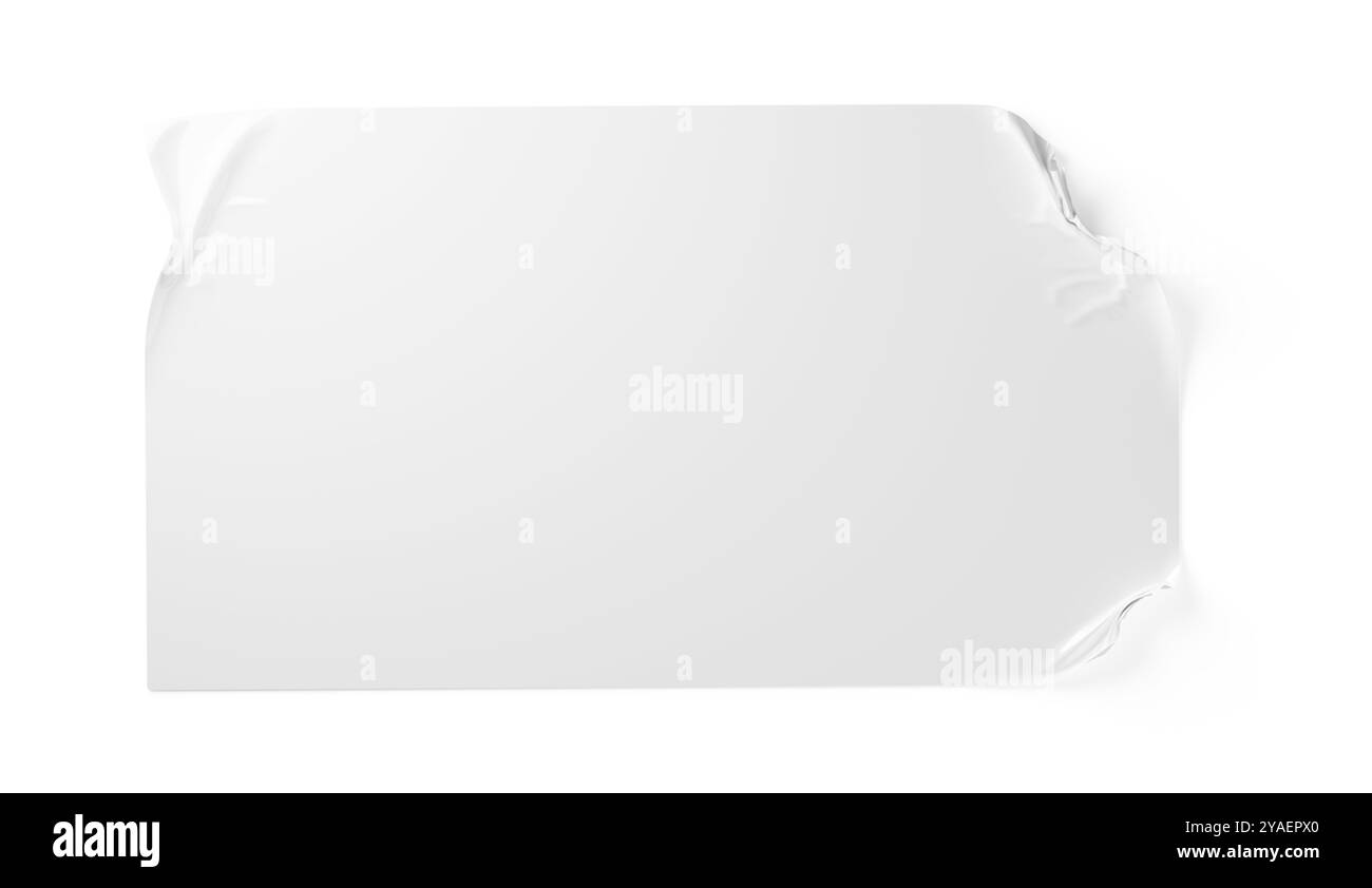 Modello di adesivo bianco rettangolare vuoto in lamina di plastica con angoli deformati su sfondo bianco con spazio di copia, illustrazione 3D. Foto Stock