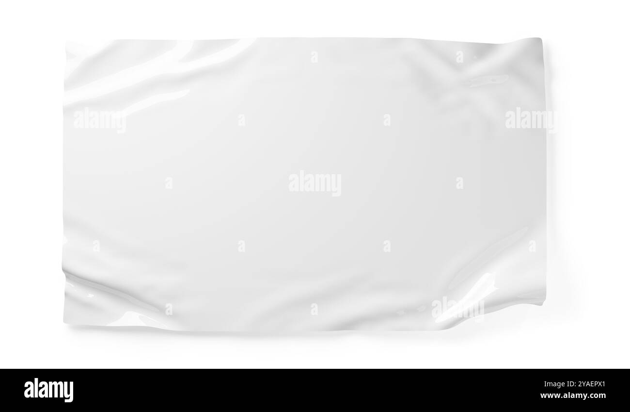 Modello adesivo rettangolare vuoto con lamina di plastica bianca rettangolare e pieghe su sfondo bianco con spazio di copia, illustrazione 3D. Foto Stock