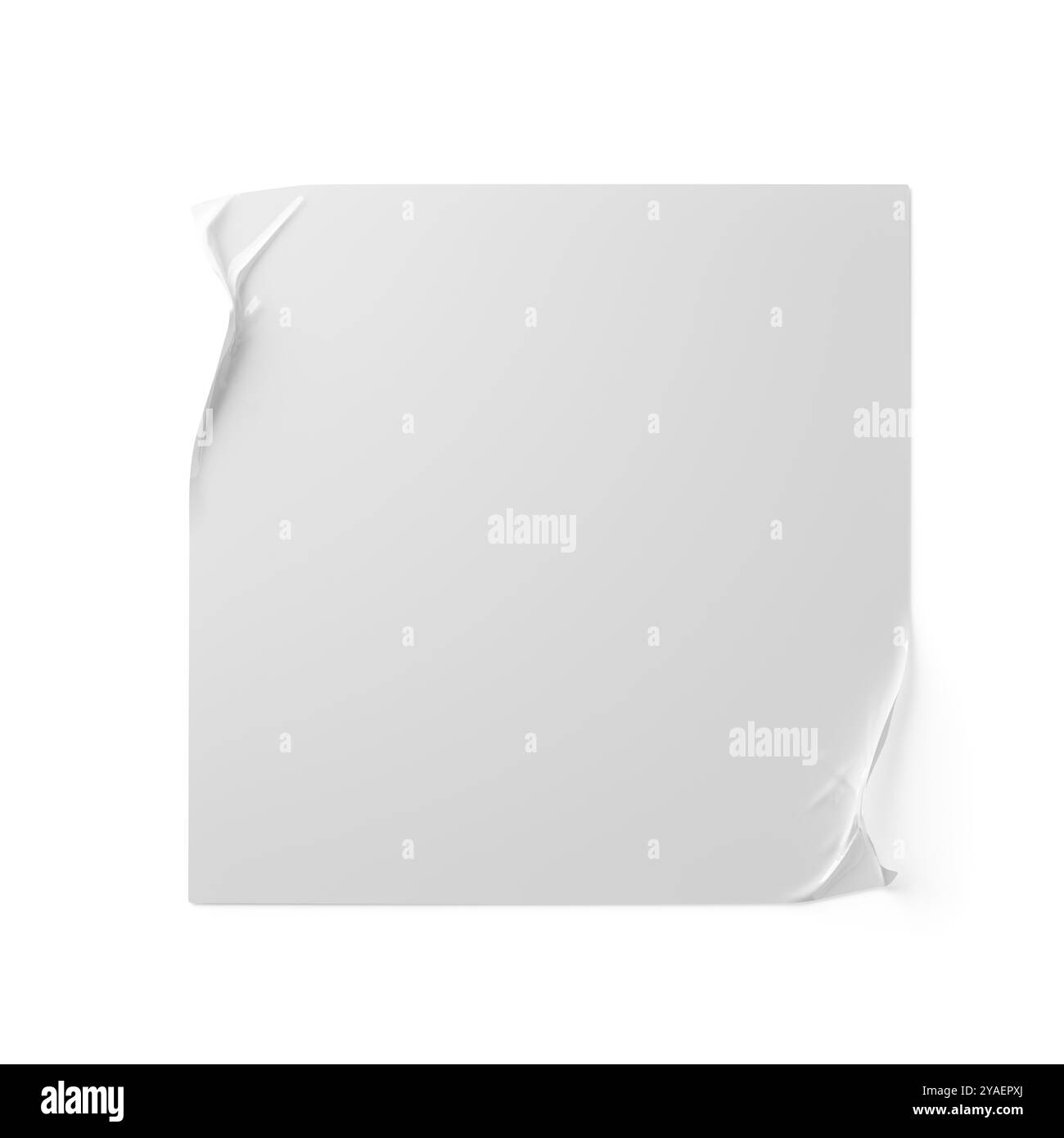 Adesivo bianco, vuoto, quadrato, in lamina di plastica con angoli smussati su sfondo bianco con spazio di copia, illustrazione 3D. Foto Stock