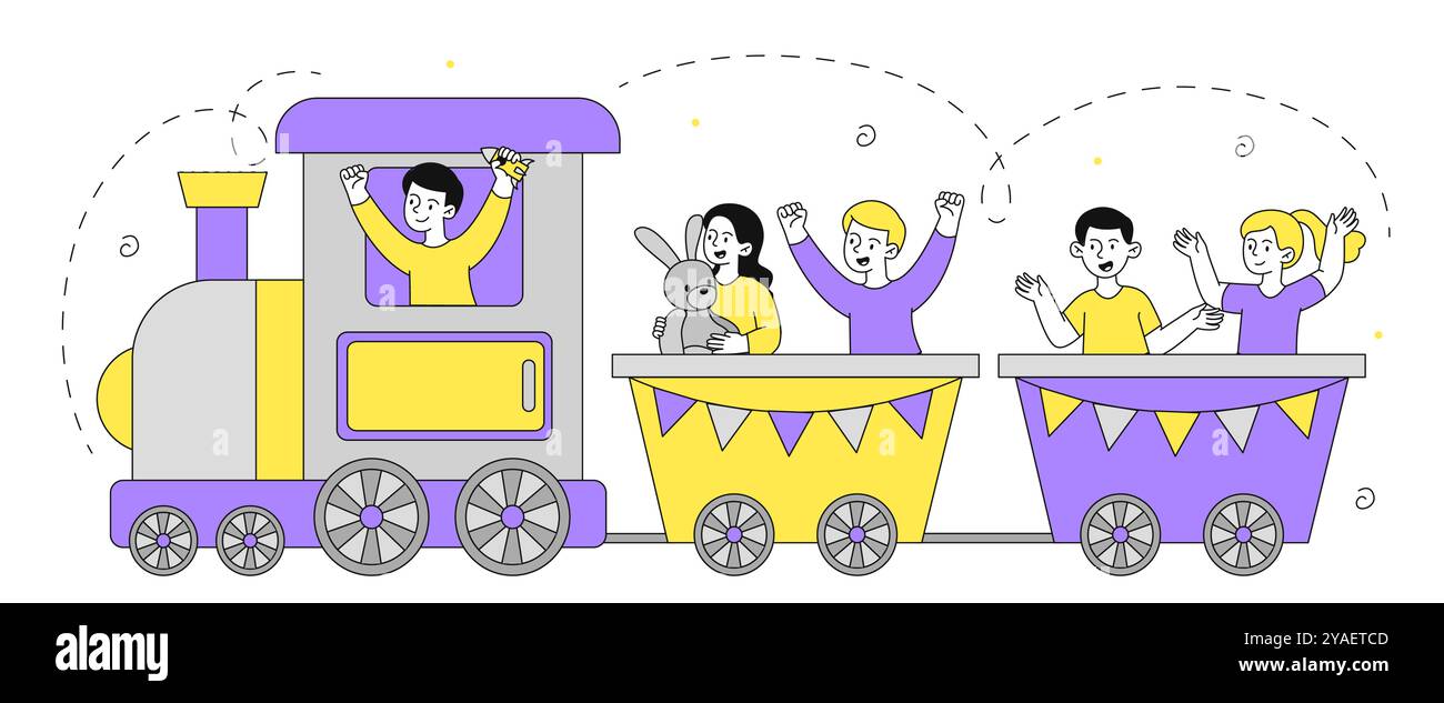 Ragazzo macchinista. Bambini al treno giocattolo. Tempo libero e divertimento. Parco giochi per bambini. Adolescenti nel parco divertimenti. Amici che si divertono insieme. Vettore lineare Illustrazione Vettoriale