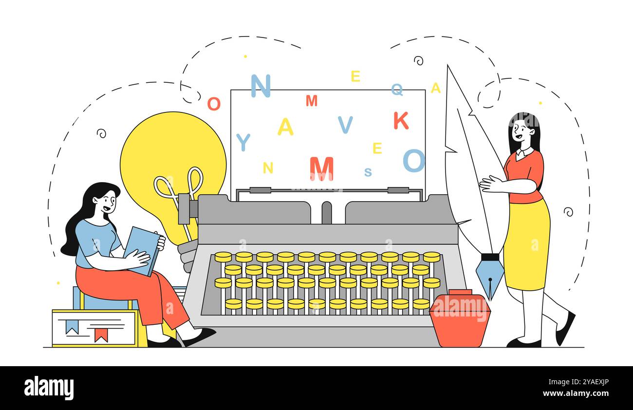 Squadra di macchine da scrivere. Donne vicine a una macchina da scrivere enorme. Copywriter ed editori. Freelance e telelavoratori. Persone con una scrivania per poesie. Vettore lineare Illustrazione Vettoriale