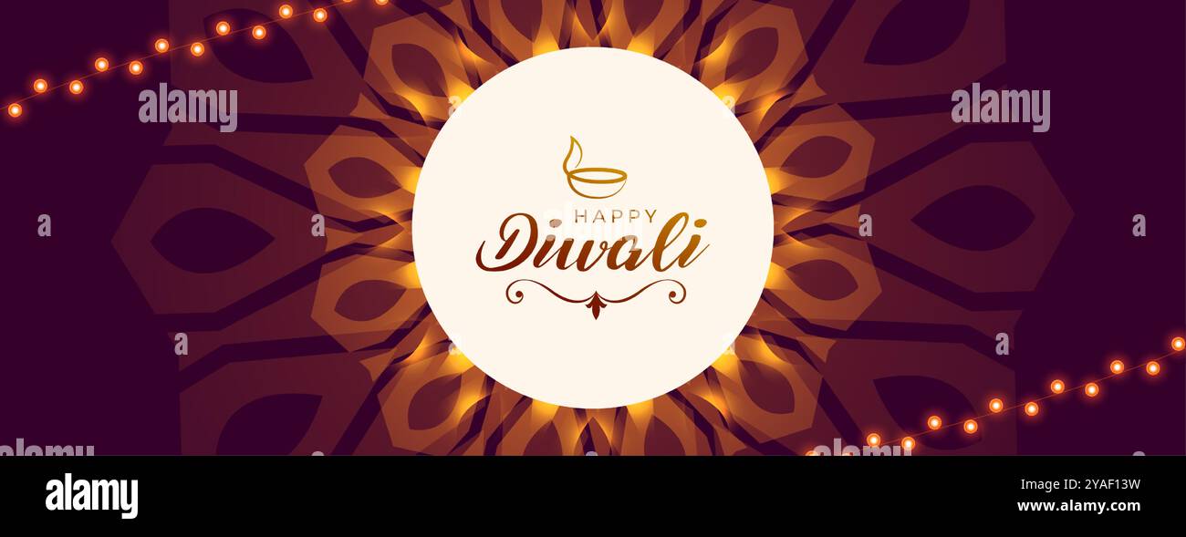 banner religioso happy diwali con design a festoni leggeri Illustrazione Vettoriale