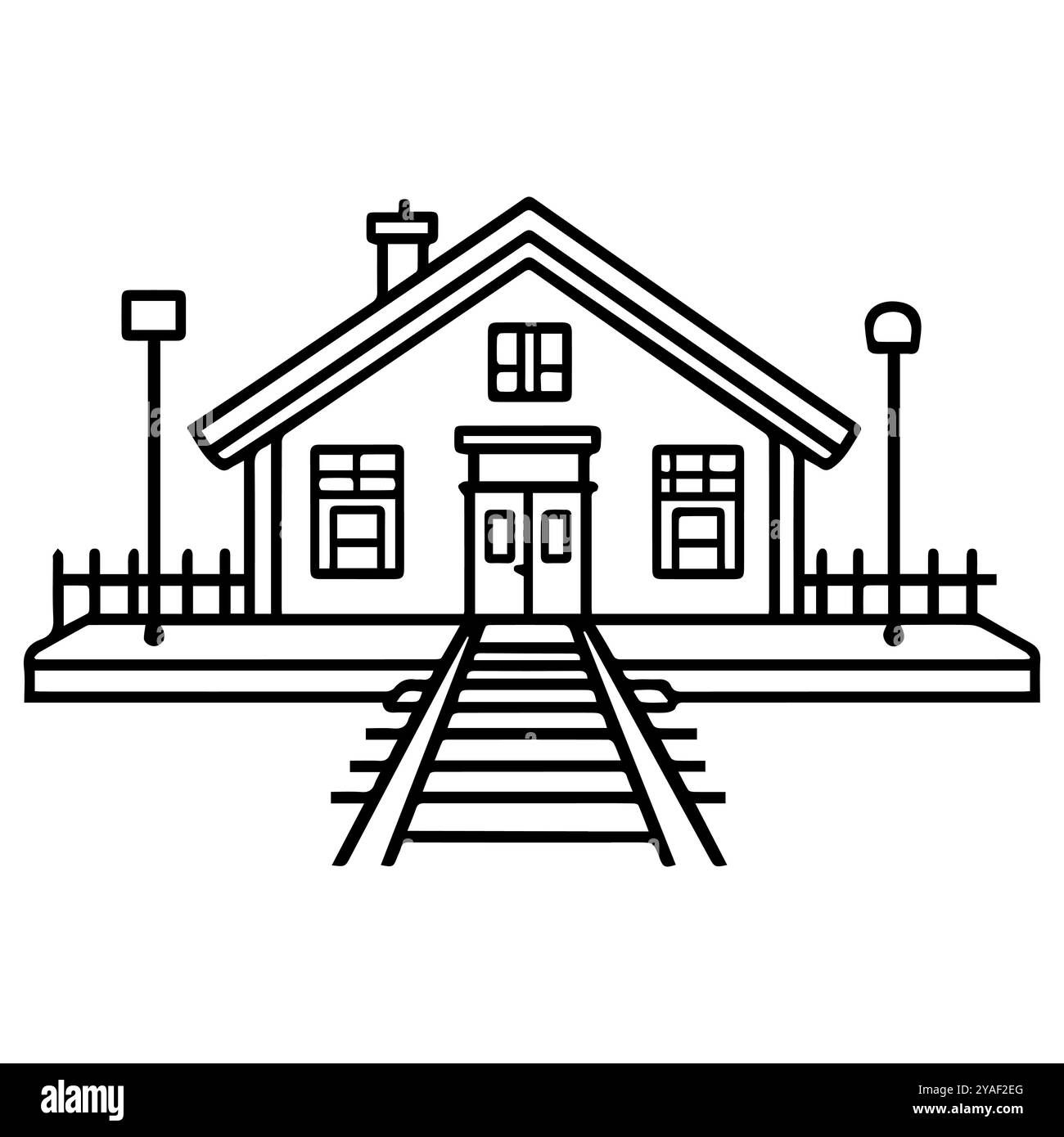 icona della stazione ferroviaria o simbolo della linea moderna. Grafica a linee vettoriali e design a icone con un contorno audace. Bianco e nero Pixel Perfect simbolo minimalista isola Illustrazione Vettoriale
