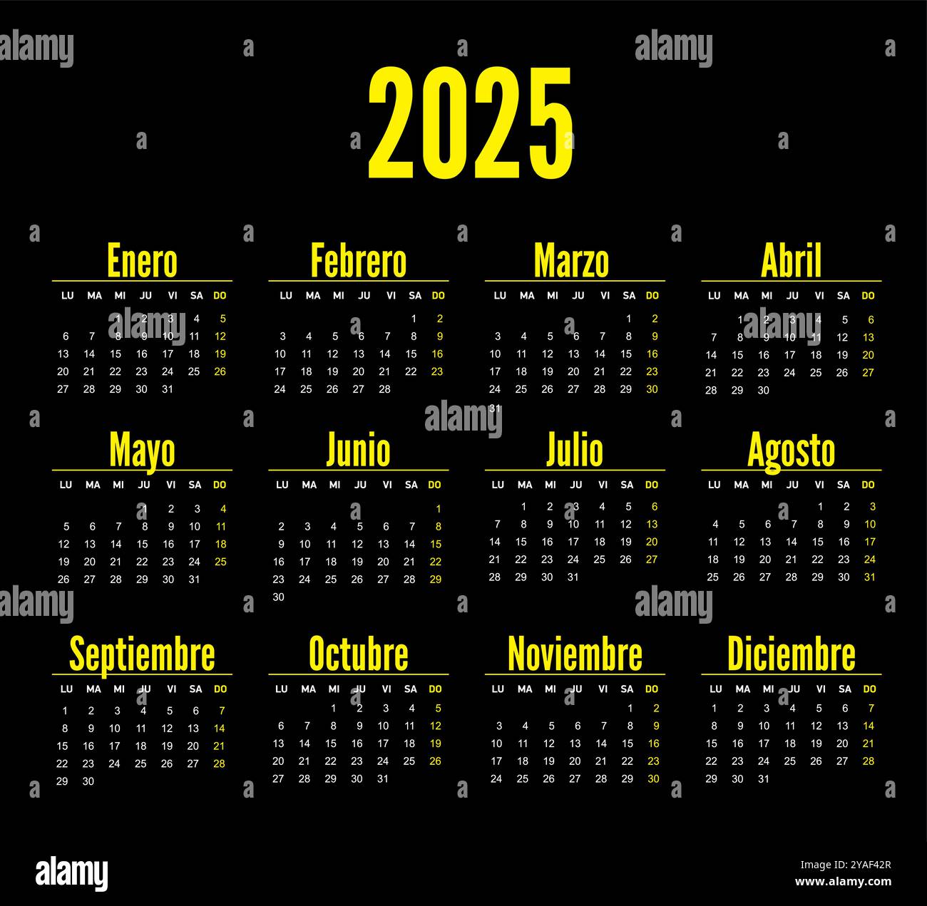 calendario tascabile giallo sull'anno 2025, spagnolo. La settimana inizia da lunedì. Illustrazione Vettoriale
