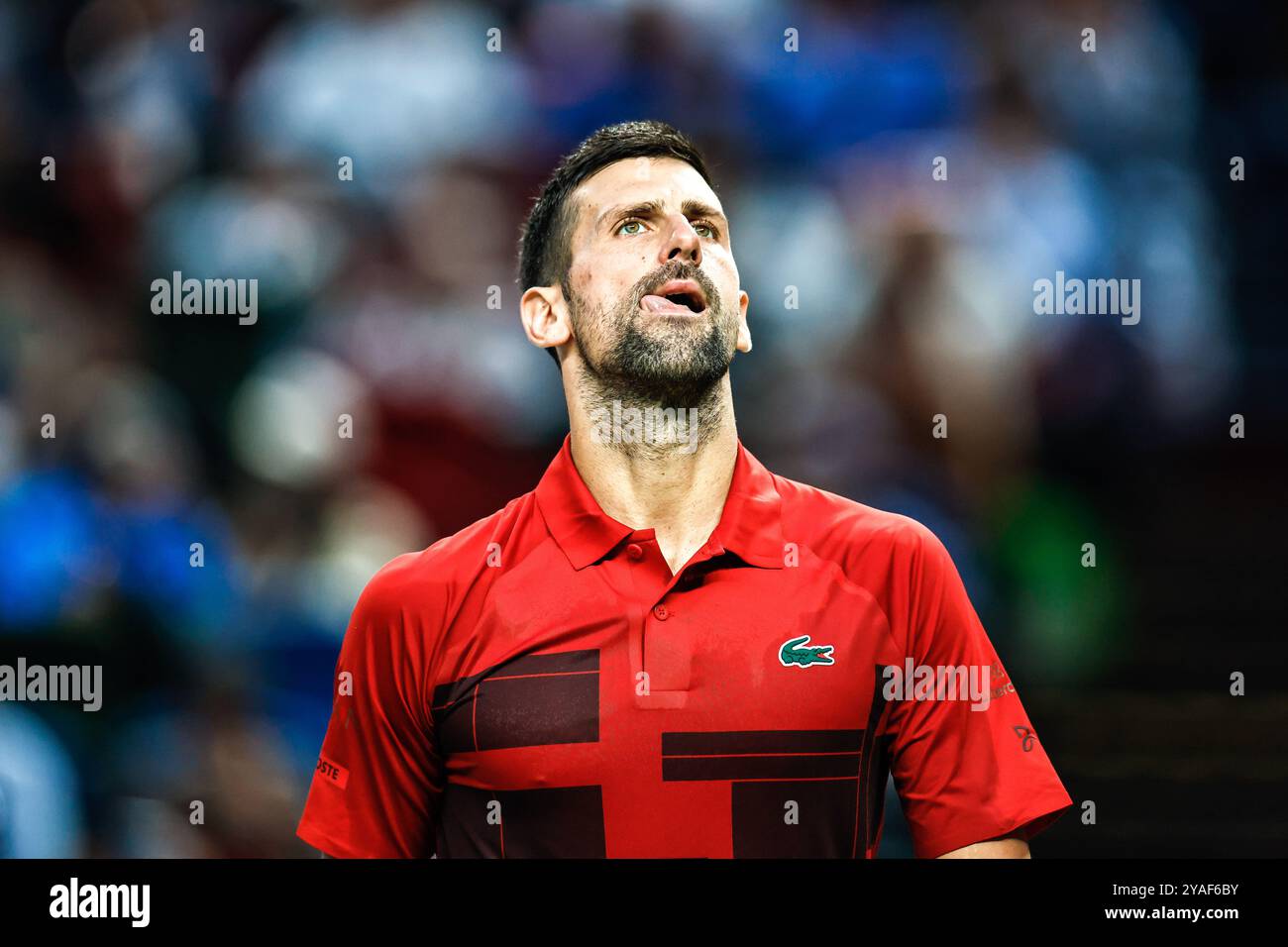 SHANGHAI, CINA - 13 OTTOBRE 2024 - Jannick Sanner gioca con Novak Djokovic nella finale del Shanghai Rolex Masters 2024 a Shanghai, Cina, Octo Foto Stock