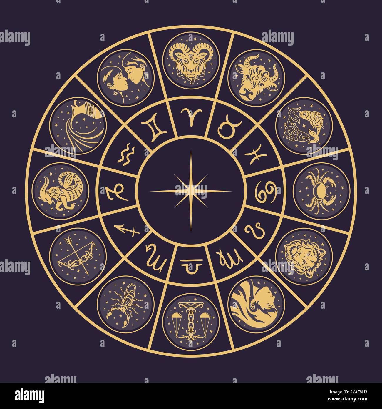 Una rappresentazione circolare dello Zodiaco, che mostra segni astrologici prominenti, con un emblema centrale del Sole. Cattura elementi celesti, incarnando Illustrazione Vettoriale
