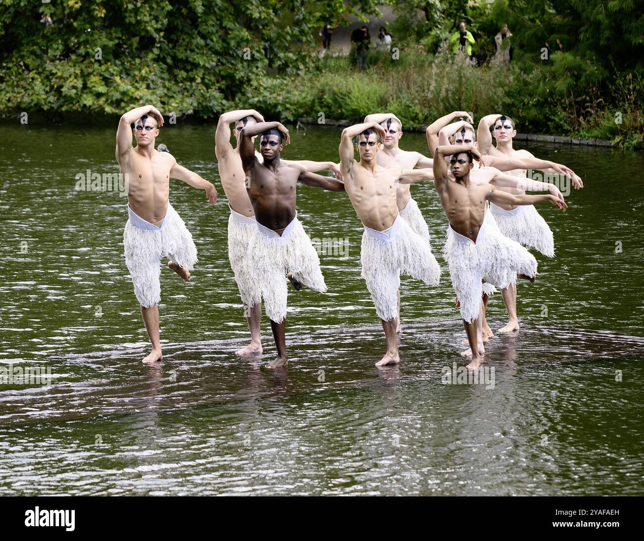 I ballerini del lago dei cigni di Matthew Bourne posano per una foto sul lago St James Park, Londra, per l'inizio del loro prossimo spettacolo e tour. Con: Matthew Amos, Xavier Andriambolanoro-sotiya, Ben Brown, Perreira de Jesus Franque, Jackson Fisch, Rory Macleod, leonardo McCorkindale, Harry Ondrak-Wright, Barnaby Quarendon dove: Londra, Regno Unito quando: 11 settembre 2024 credito: Laura Rose/WENN Foto Stock