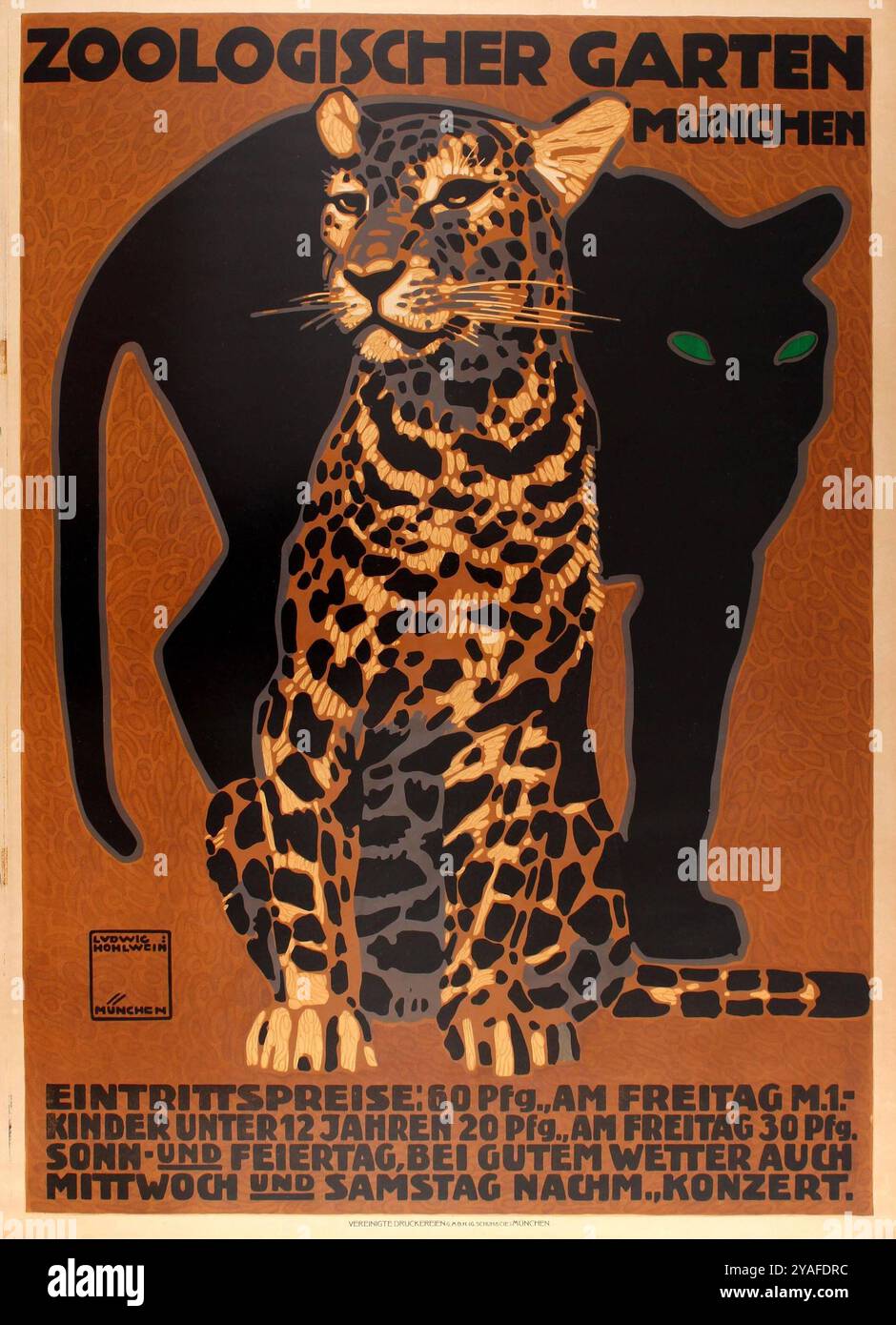 Poster d'epoca per lo zoo di Monaco, Zoologischer Garten con leopardo di Ludwig Hohlwein, anni '1910 circa Foto Stock