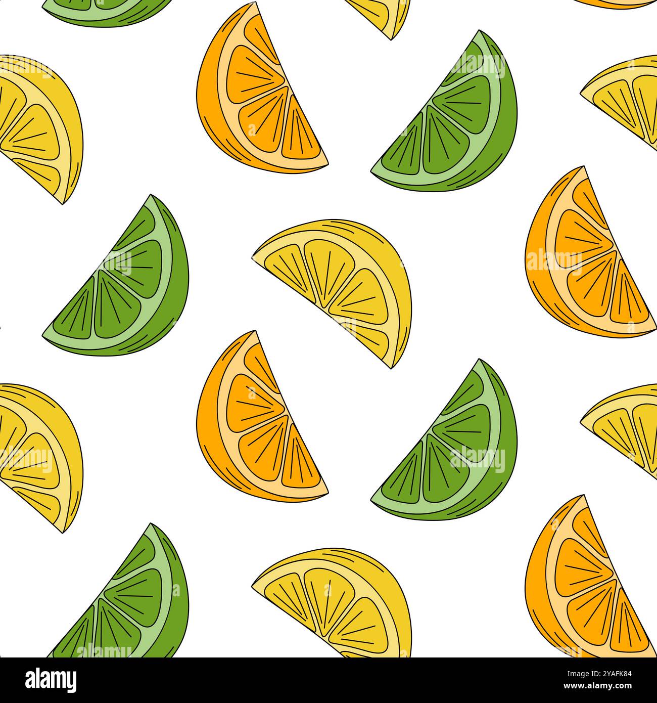 Motivo limonato, lime e arancio senza cuciture in tonalità morbide e luminose. Sfondo o sfondo delle schede. Avvolgimento di illustrazioni vettoriali isolate, sfondo promozionale Web, poster di cartoline, banner, saluti, etichetta Illustrazione Vettoriale